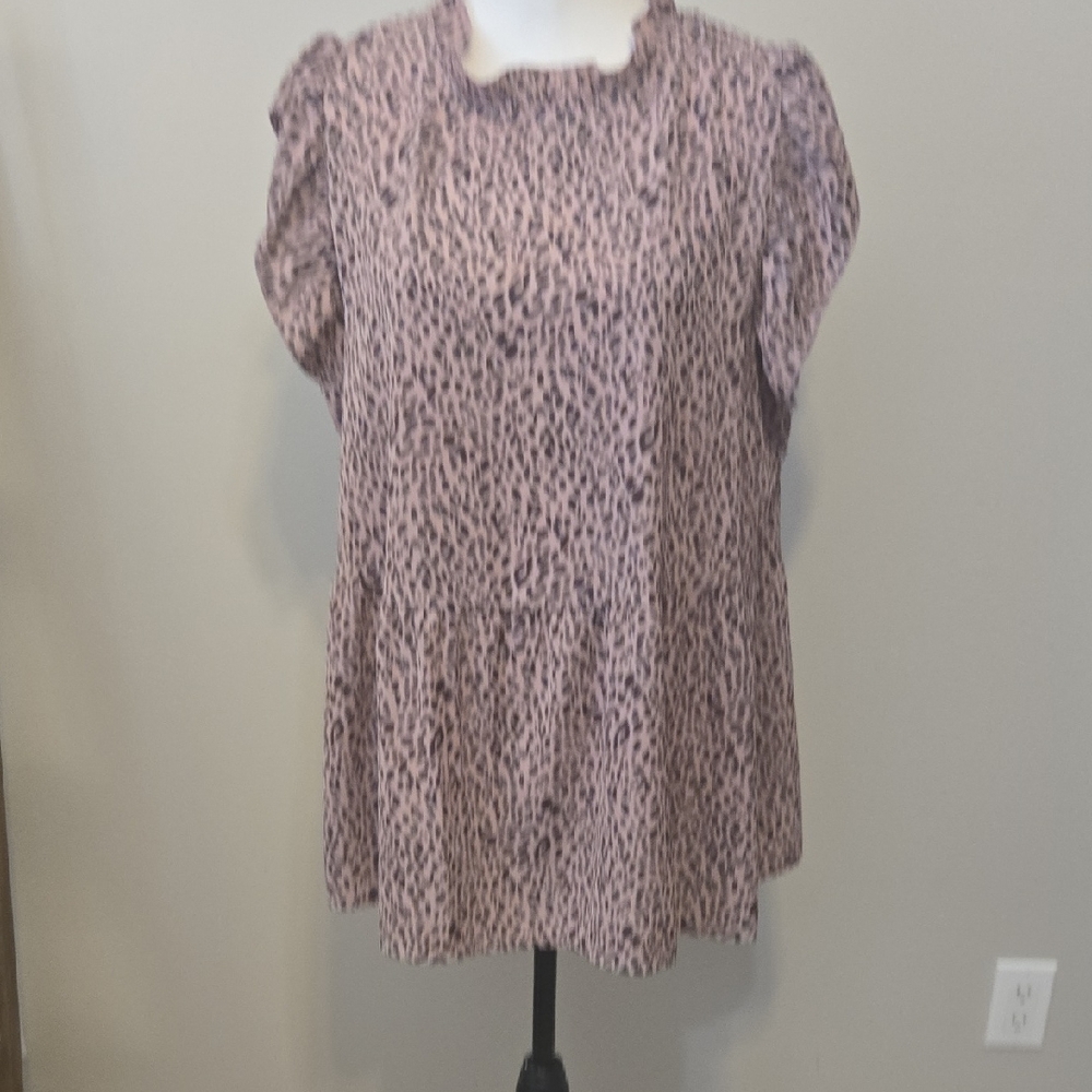 Pink Leopard Print Blouse By Angashion Ruffled Collar & Sleeves XL
